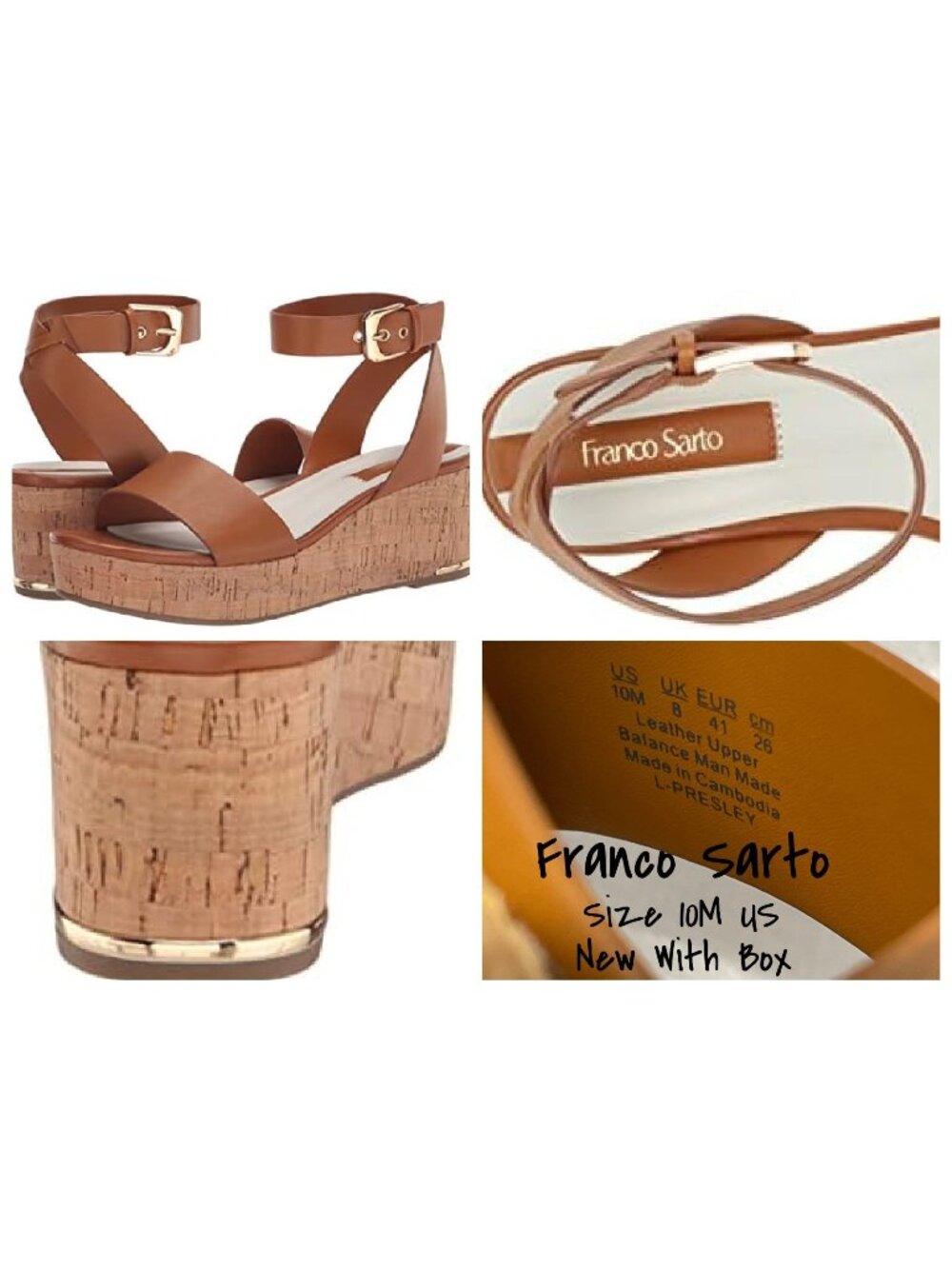 Franco Sarto Brown Cork Wedge Sandals with Ankle Strap, Size 10M - New